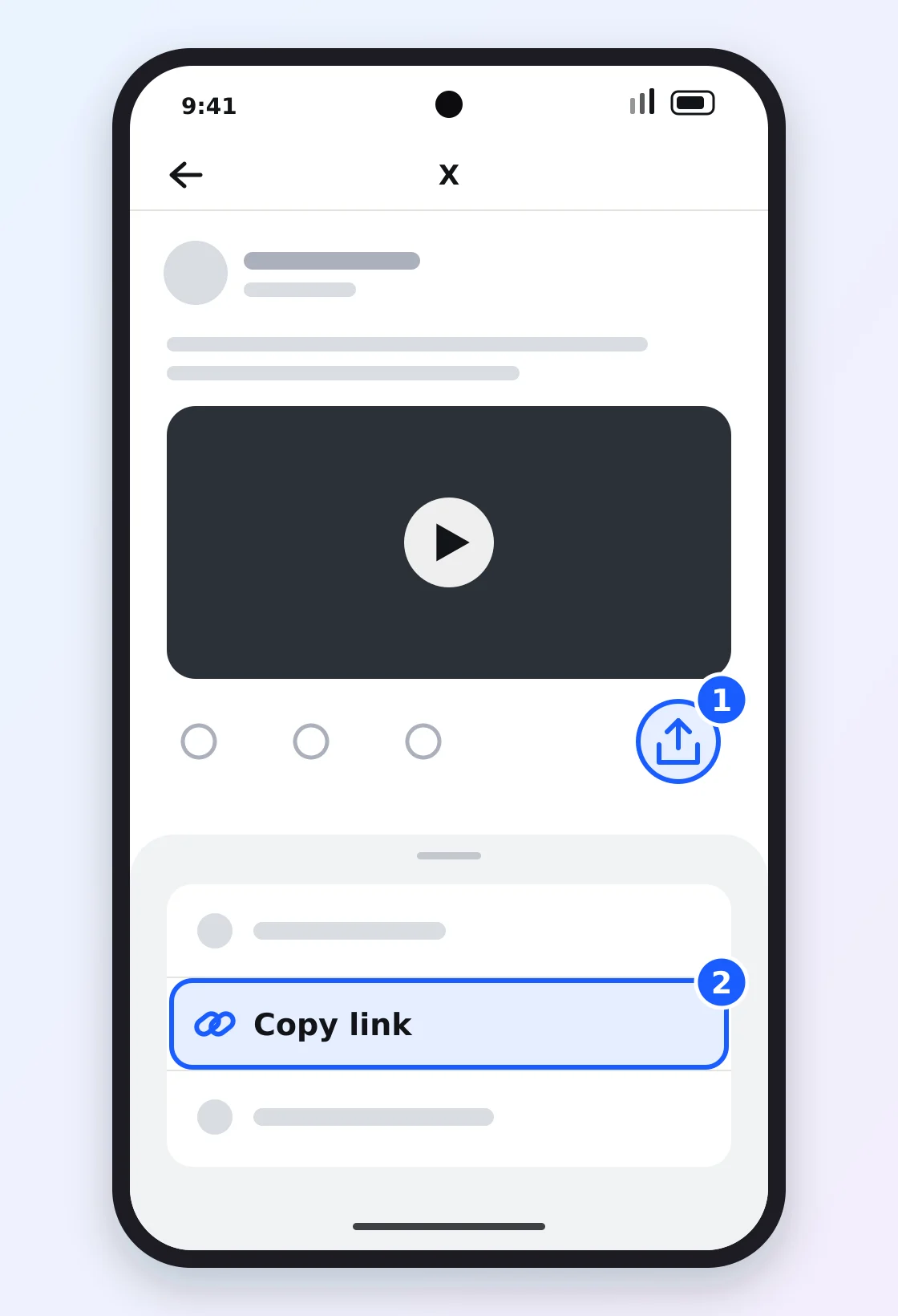 X app on Android: the Share icon under a video post and the Copy link option in the share sheet