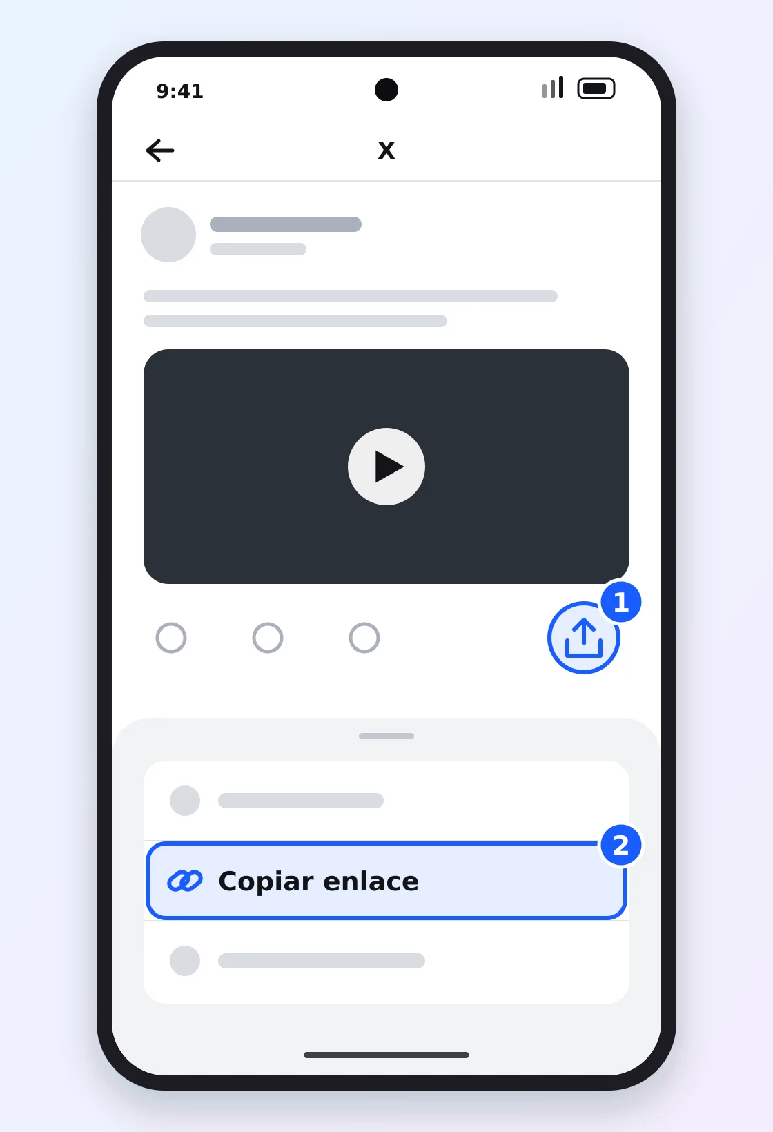 App de X en Android: el icono Compartir bajo una publicación con video y la opción Copiar enlace en el menú para compartir