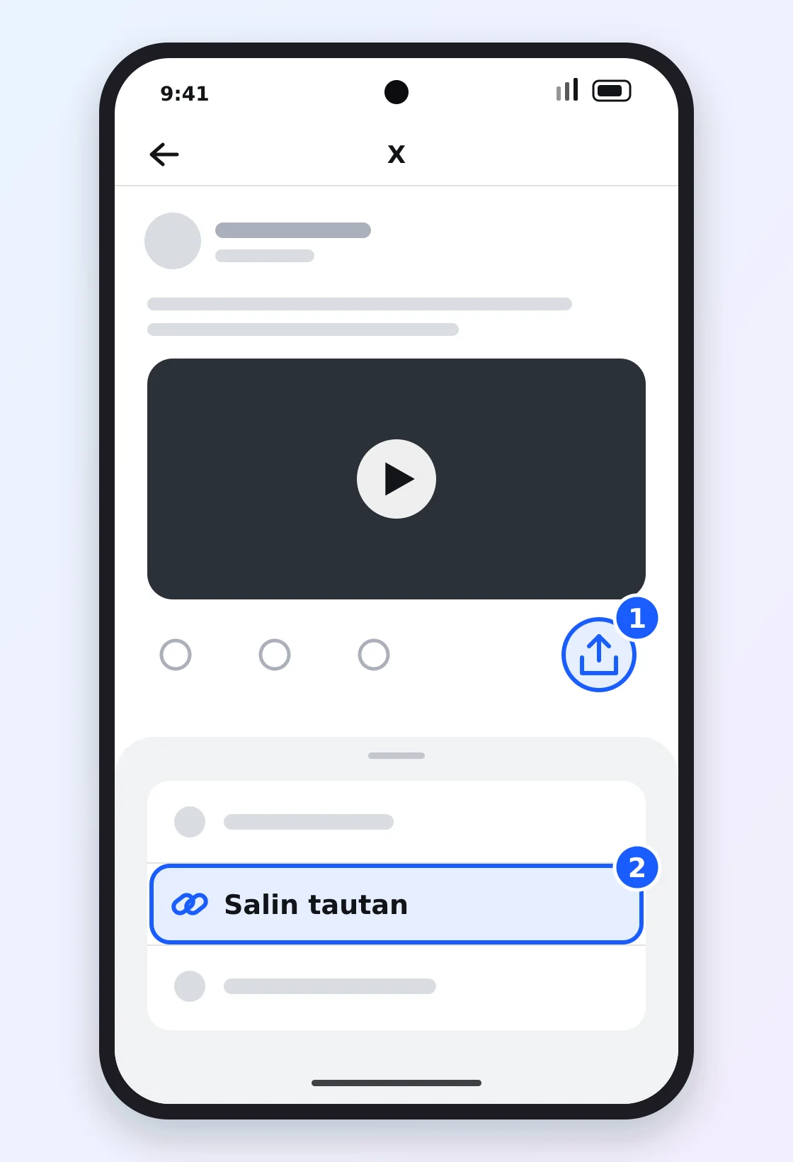 Aplikasi X di Android: ikon Bagikan di bawah postingan video dan opsi Salin tautan di menu bagikan