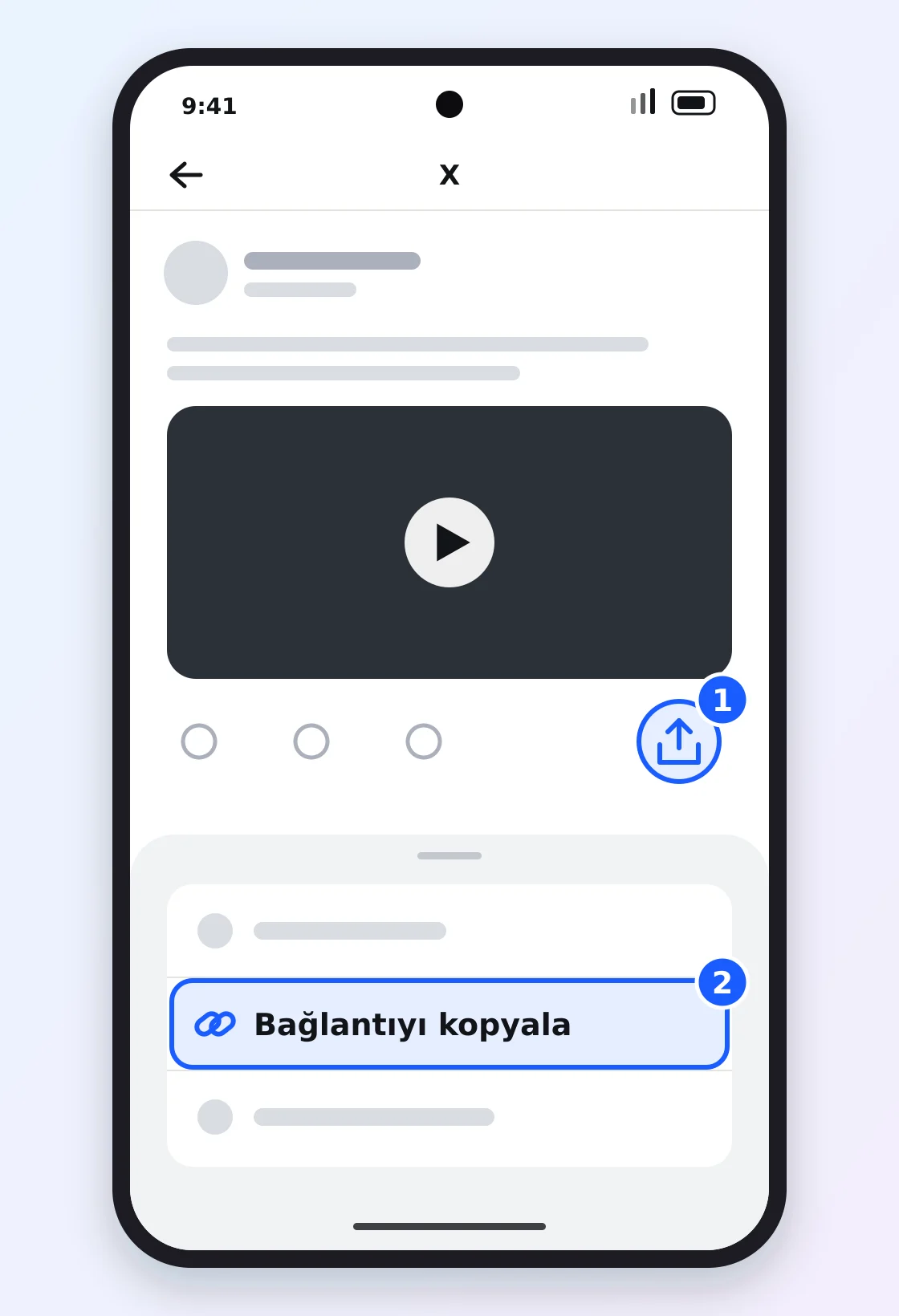 Android’de X uygulaması: videolu gönderinin altındaki Paylaş simgesi ve paylaşım menüsünde Bağlantıyı kopyala seçeneği