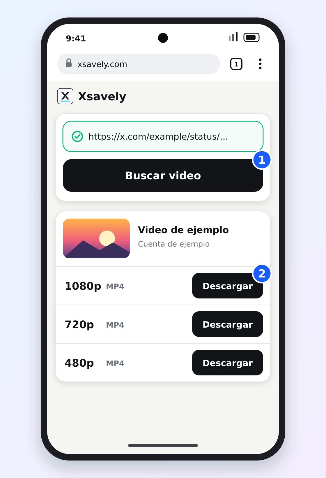 Xsavely abierto en Chrome para Android con un enlace de X pegado, el botón Buscar video y un botón Descargar para 1080p, 720p y 480p