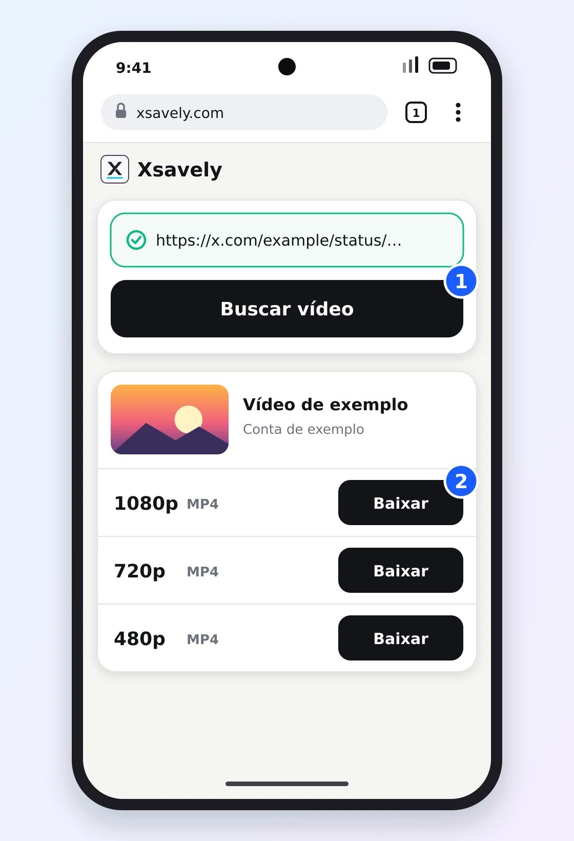 Xsavely aberto no Chrome para Android com um link do X colado, o botão Buscar vídeo e um botão Baixar para 1080p, 720p e 480p