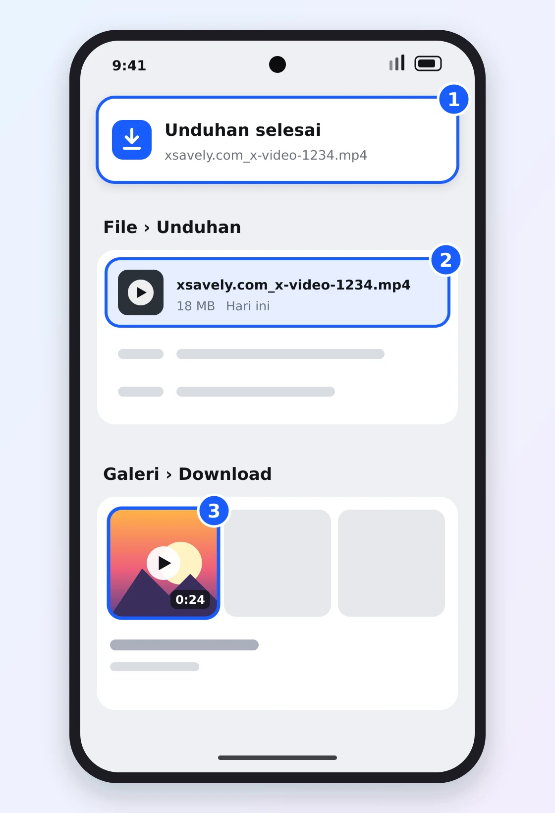 Android menampilkan notifikasi Unduhan selesai, file MP4 di File Unduhan, dan video yang sama di album Download galeri