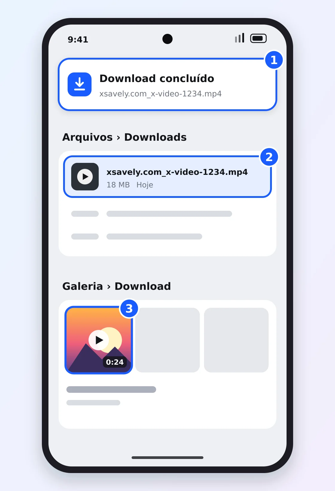 Android com a notificação Download concluído, o MP4 em Arquivos Downloads e o mesmo vídeo no álbum Download da galeria