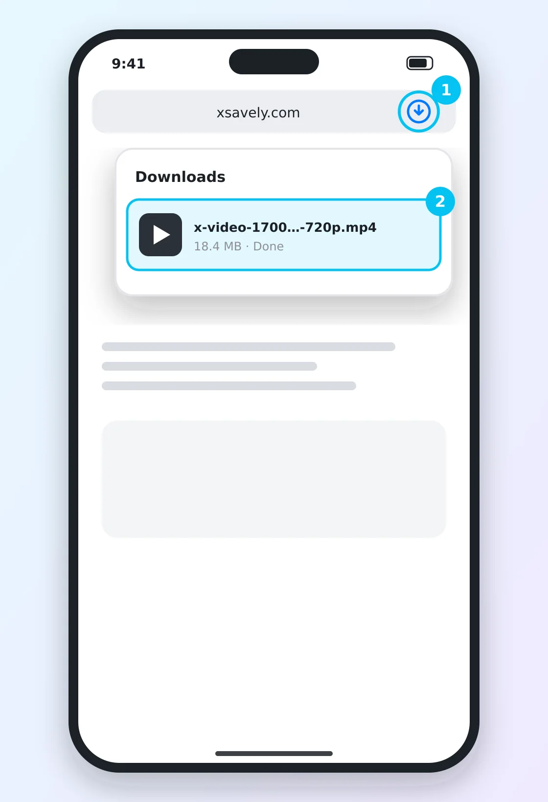 متصفح Safari على آيفون وسهم التنزيلات مفتوح وملف MP4 في القائمة