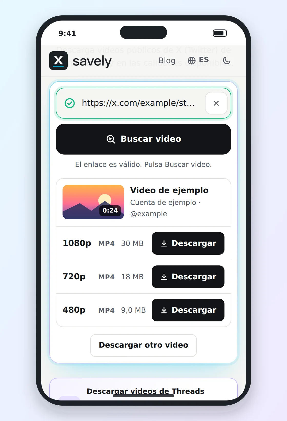 Xsavely en iPhone con las opciones de calidad de un video de X y un botón Descargar para cada una