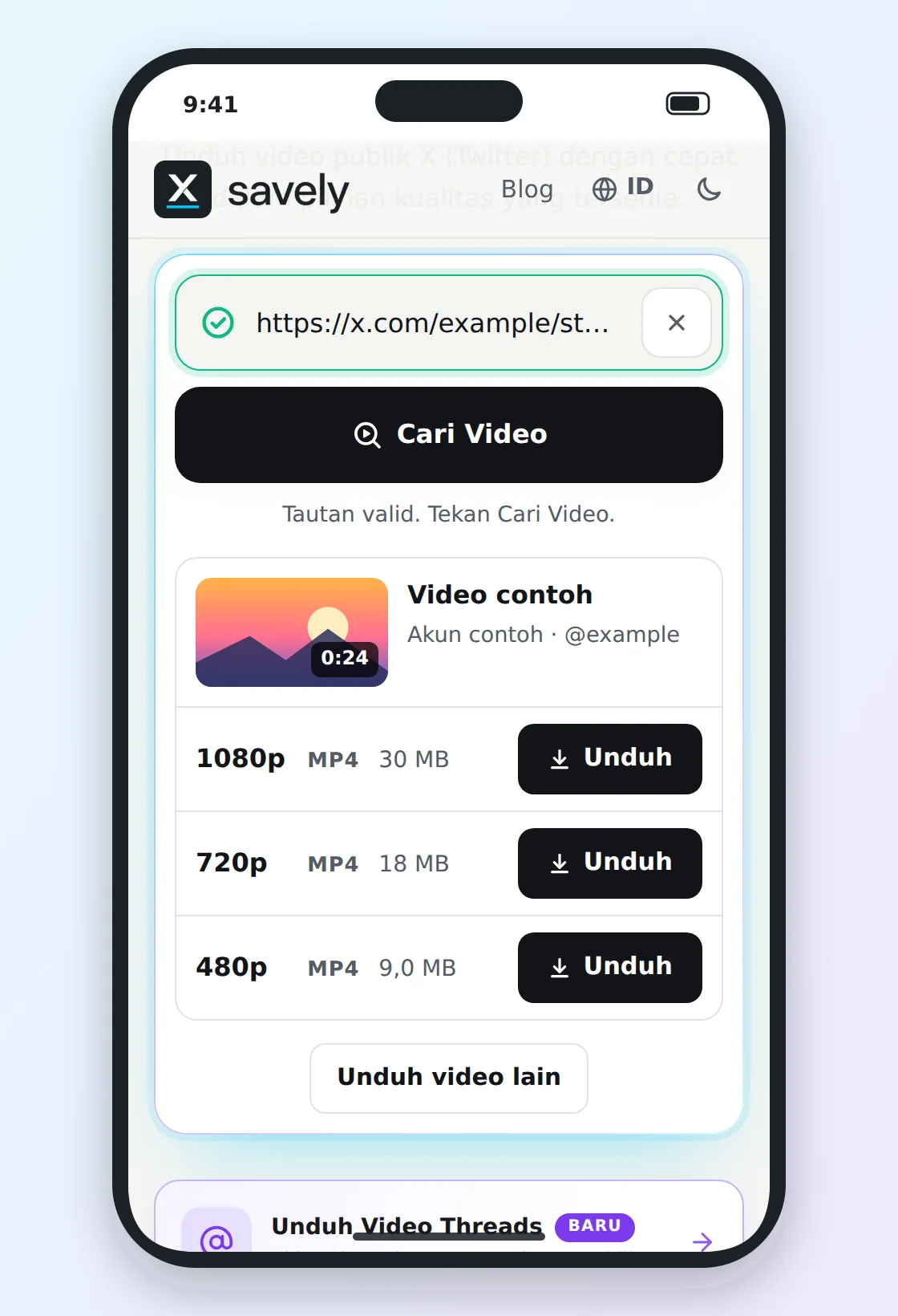 Xsavely di iPhone menampilkan pilihan kualitas video X dengan tombol Unduh untuk masing-masing