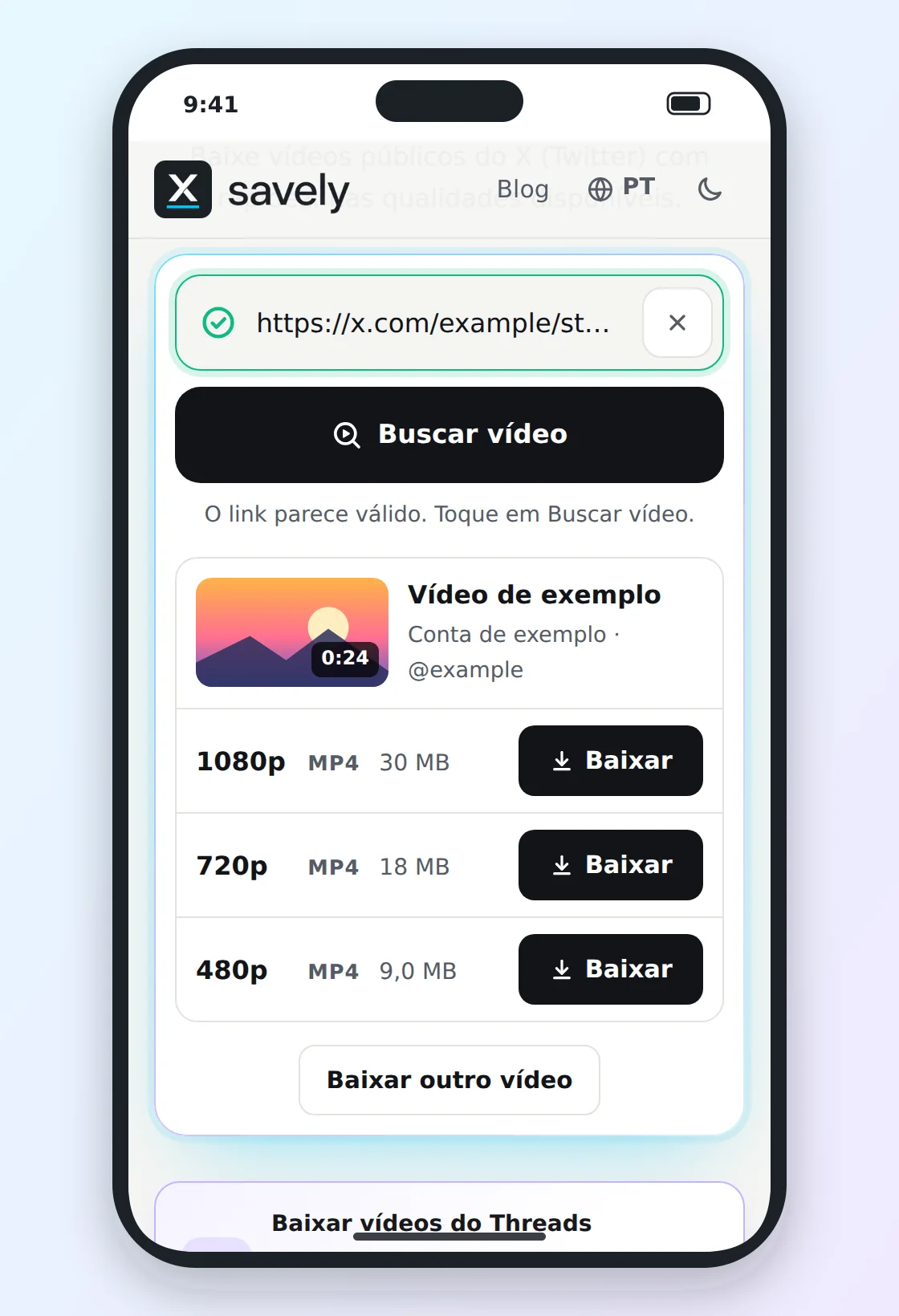 Xsavely no iPhone mostrando as opções de qualidade de um vídeo do X com um botão Baixar para cada uma
