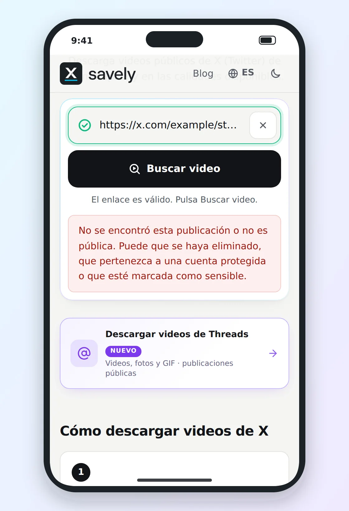 Xsavely mostrando el mensaje de que no se encontró la publicación o no es pública