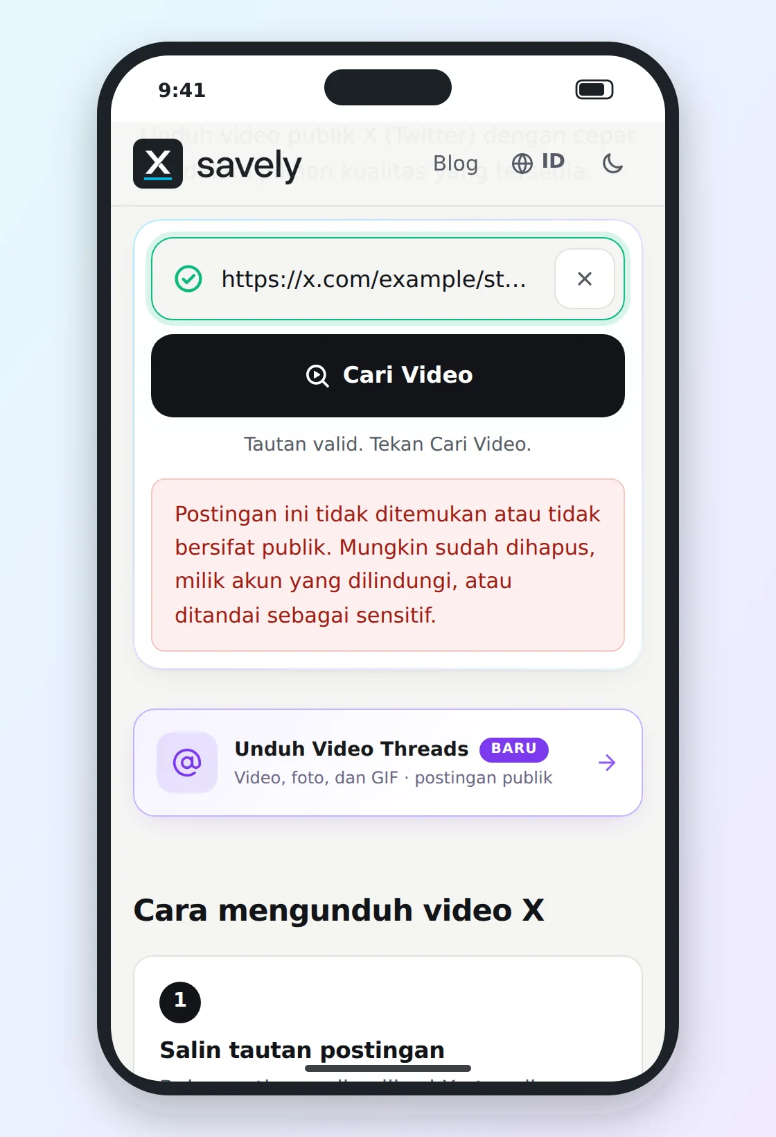 Xsavely menampilkan pesan bahwa postingan tidak ditemukan atau tidak bersifat publik