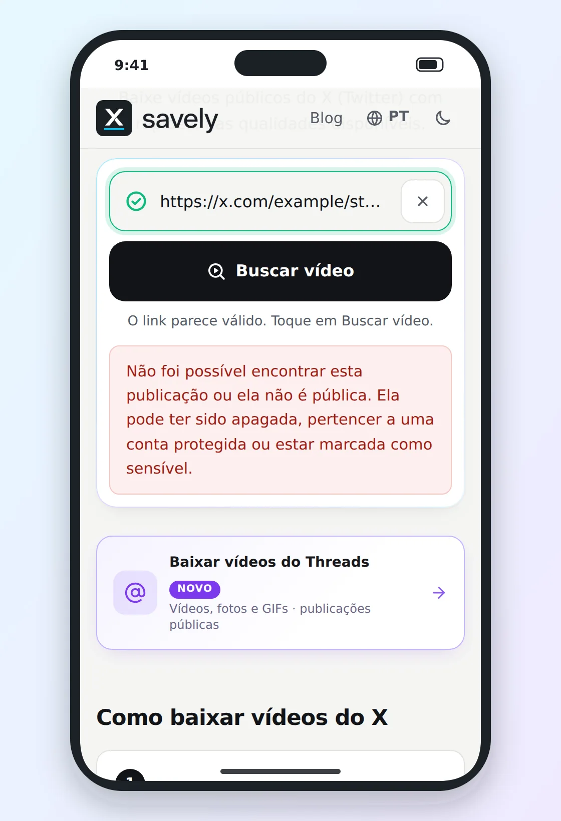 Xsavely mostrando a mensagem de que a publicação não foi encontrada ou não é pública