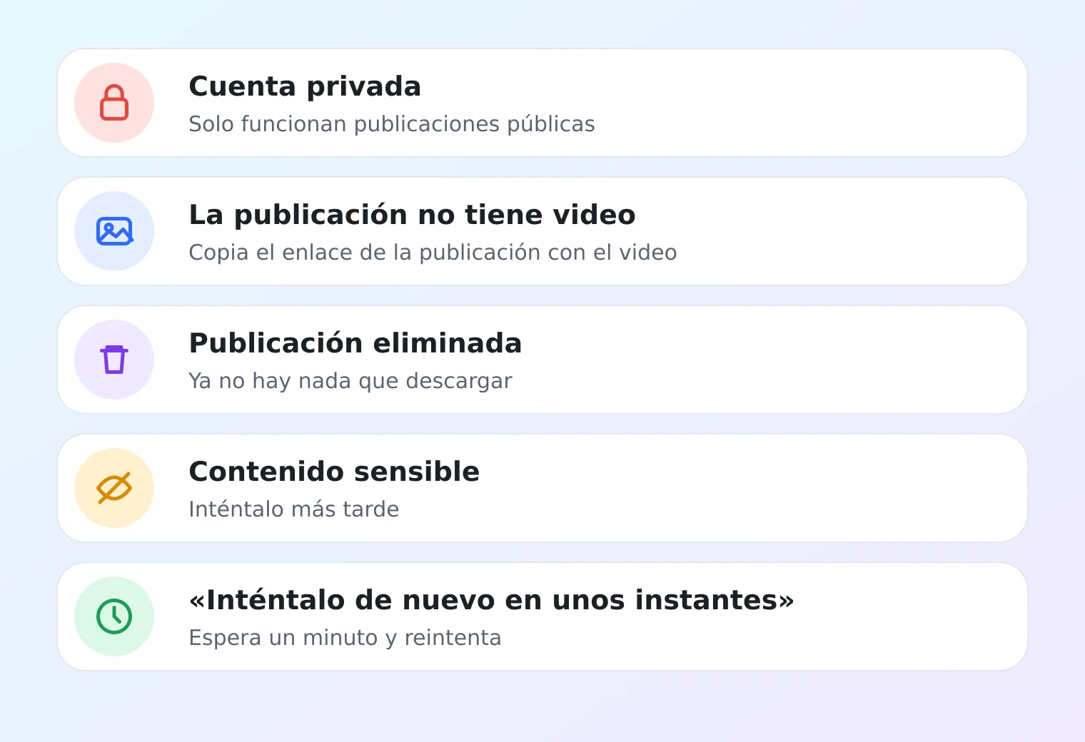 Lista de cinco motivos por los que un video de X no se descarga: cuenta privada, sin video, publicación eliminada, contenido sensible y límite de solicitudes, cada uno con su solución
