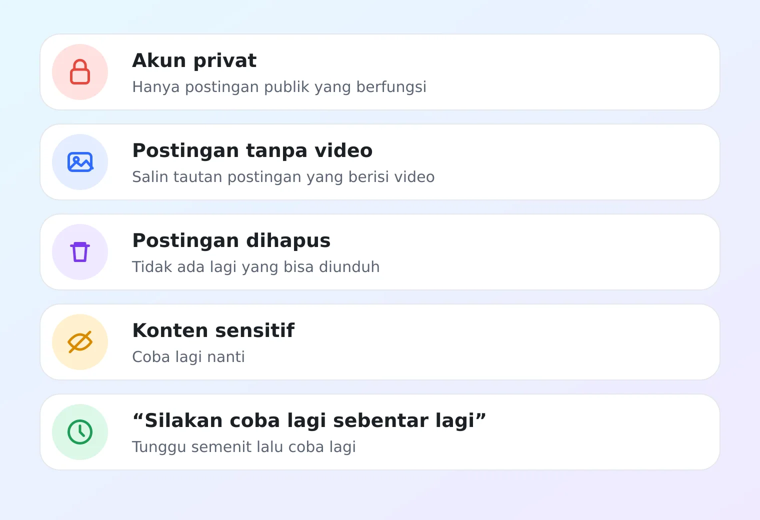 Daftar lima penyebab video X tidak bisa diunduh: akun privat, tanpa video, postingan dihapus, konten sensitif, dan batas permintaan, masing-masing dengan solusinya